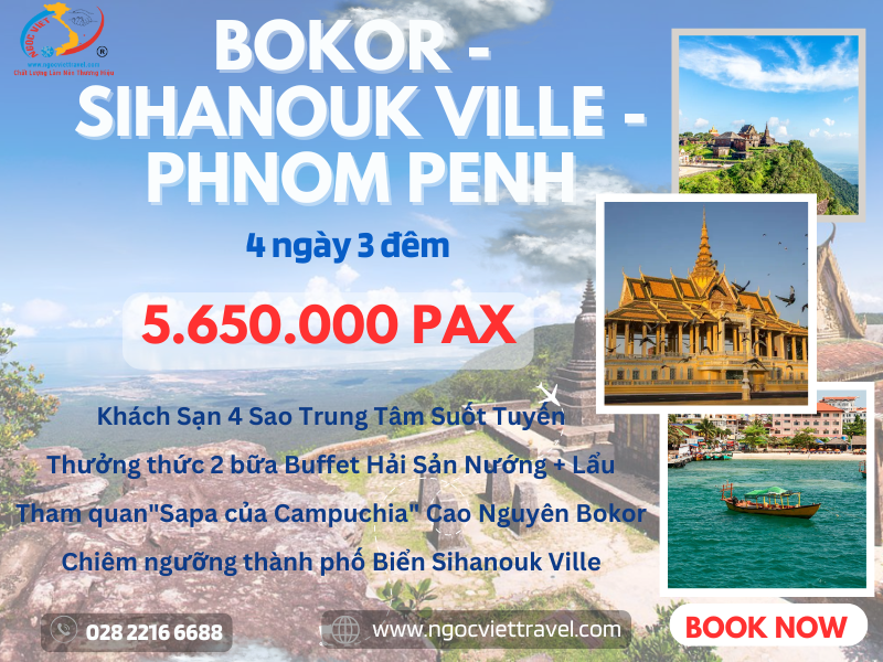 TOUR CAMPUCHIA, CAO NGUYÊN BOKOR - SIHANOUK VILLE - PHNOM PENH - XE LIMOUSINE, KS 4 SAO